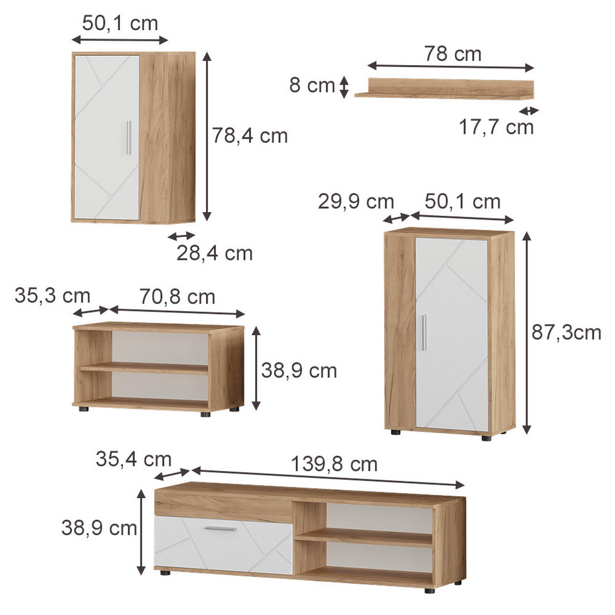 WOHNWAND Berno, Goldkraft Eiche/Weiß, 5-teiliges Set - Honigeiche/Weiß, Holzwerkstoff (140/38.7/35.2cm) - Vicco
