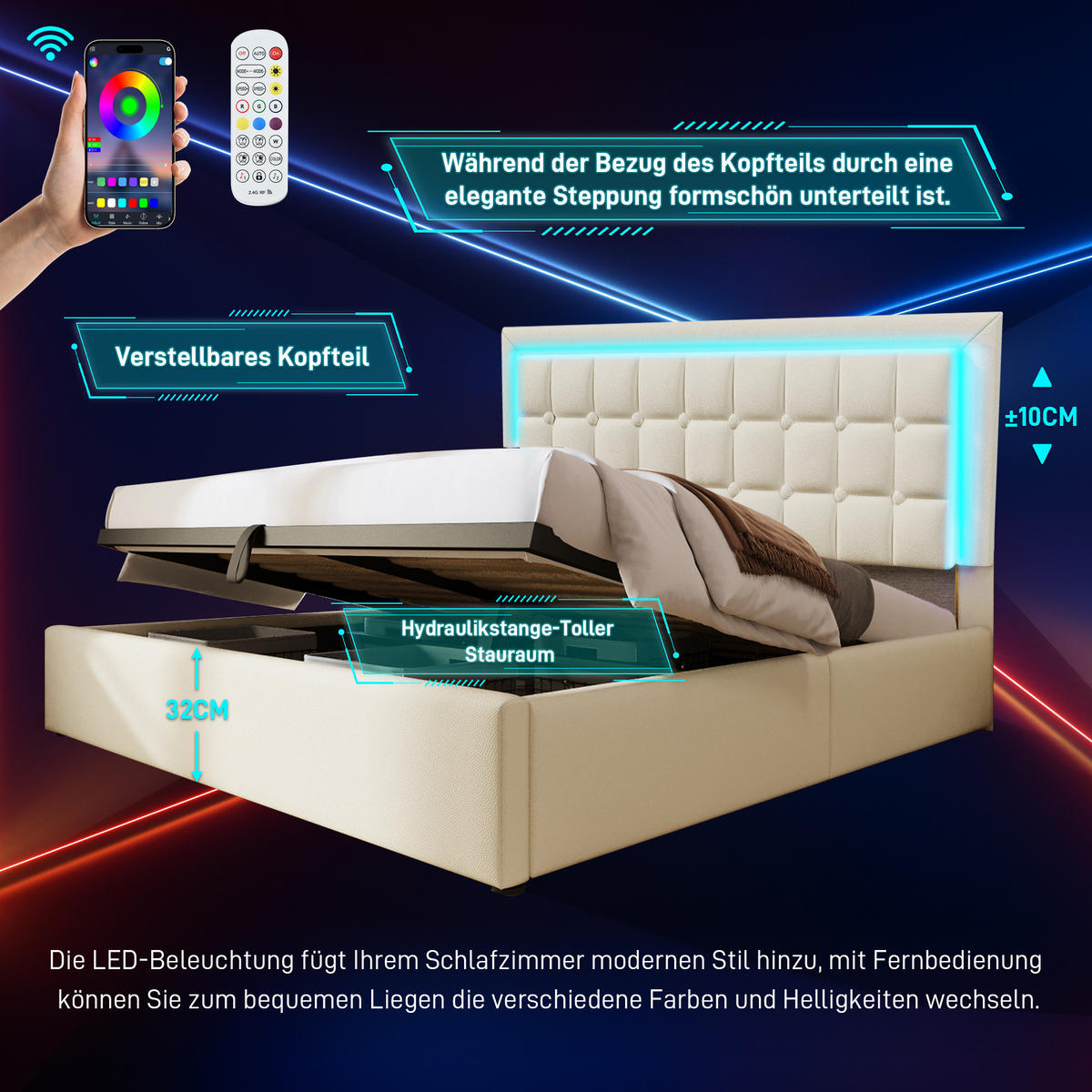POLSTERBETT 180/200 cm mit LED-Beleuchtung, hydraulischem Stauraum und Lattenrost aus Kunstleder, Weiß - Weiß, Kunststoff (180/200cm) - Redom