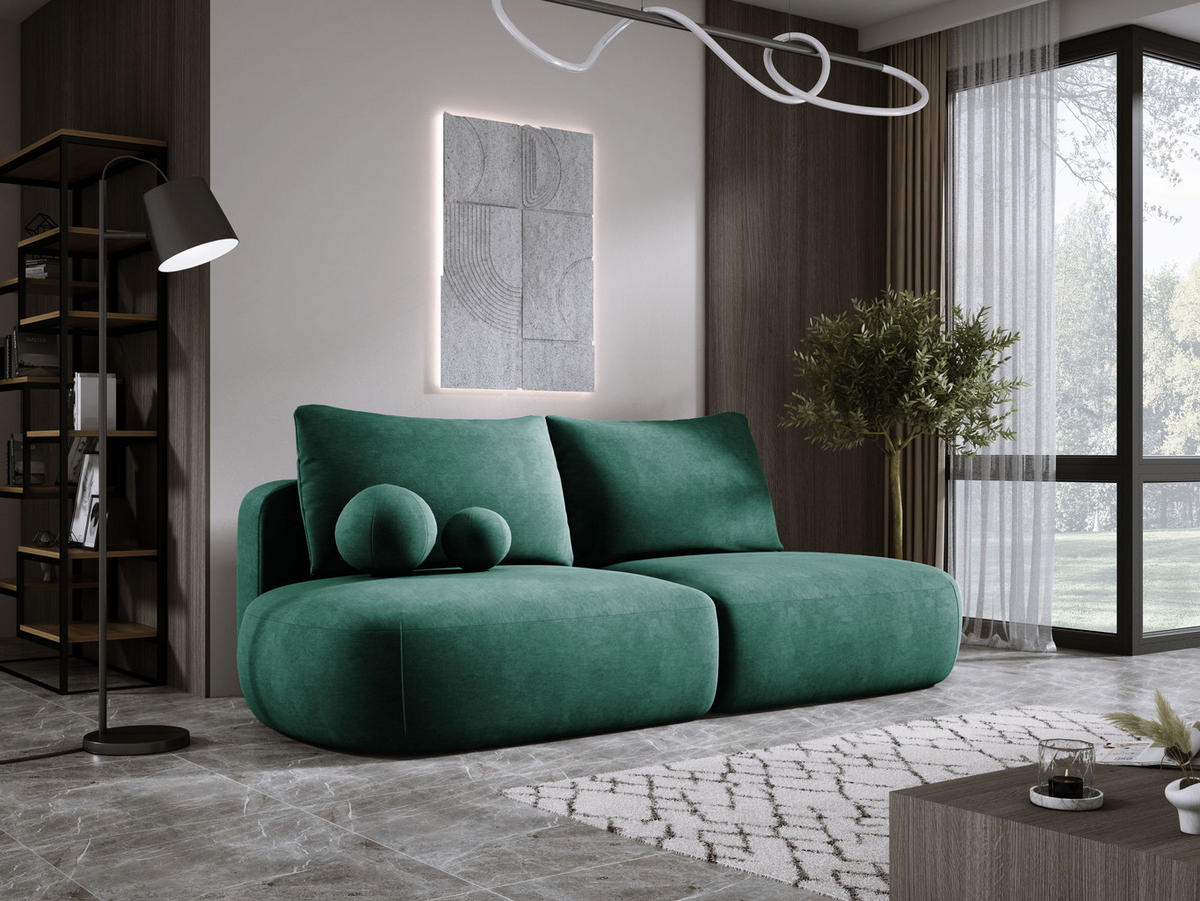 SCHLAFSOFA Moderne BABU mit Schlaffunktion – 3-Sitzer Sofa mit Bettkasten, DL-Automat, 2 Rückenkissen, 2 Zierkissen, 240x90x90 cm, Grün - Grün, Holz/Textil (240/90/90cm) - DomoHome