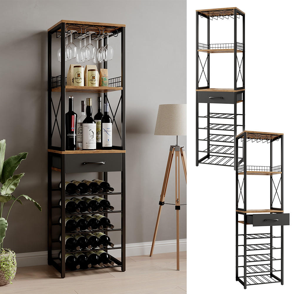 WEINREGAL Porto Eiche rustikal 40 x 147.5 cm mit Schublade - Wildeiche/Schwarz, Holzwerkstoff (40/147.5/30cm) - Vicco