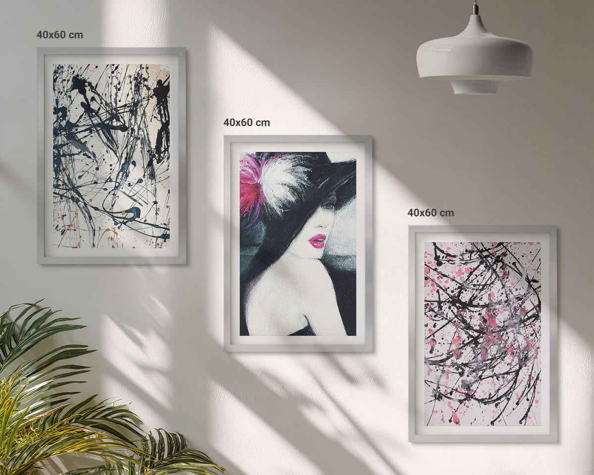 BILDER SET 3er Set - 40x60 cm Silberner Rahmen - Abstrakte Farbmuster Hut - Silberfarben, Kunststoff (40/60cm) - TULUP
