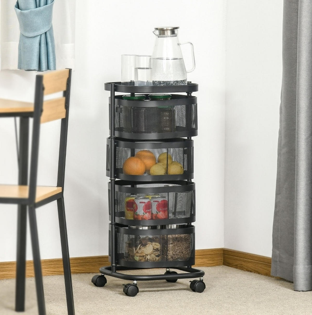 SERVIERWAGEN 33/33/77 cm mit 4 Ebenen, Rollen und oberer Ablage aus Stahl, Schwarz - Schwarz, Metall (33/77/33cm) - Redom