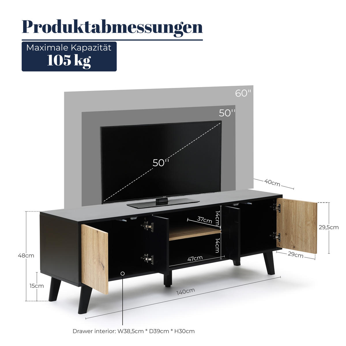 TV-SCHRANK in Natur und Schwarz B45 x T40 x H140 cm - Schwarz, Holz (140/48/40cm) - Hometopia