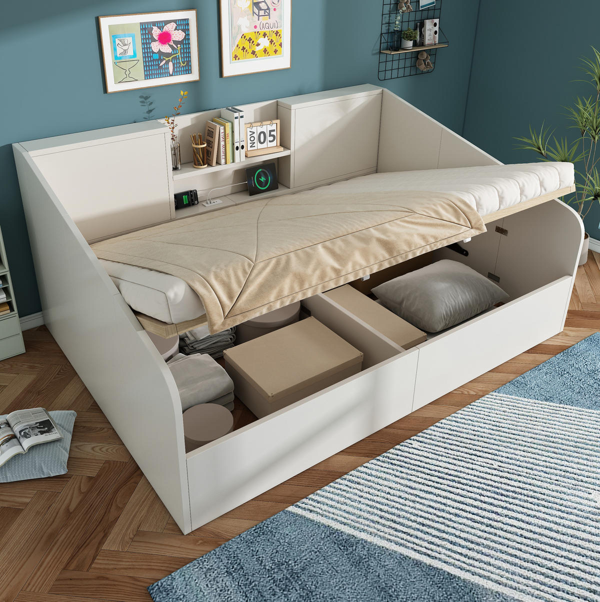 DENNÁ posteľ 140/190 cm biela s hydraulickým úložným priestorom a USB/Type-C nabíjaním z dreva - biela, textil (140/190cm) - OKWISH