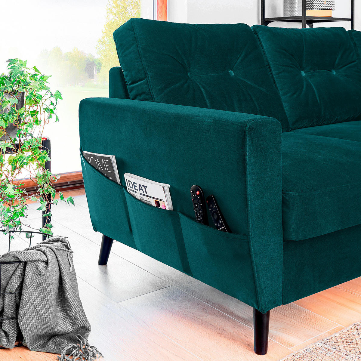 ECKSOFA mit Longchair - Petrol/Schwarz, Buchenholz/Textil (233/148cm) - home24