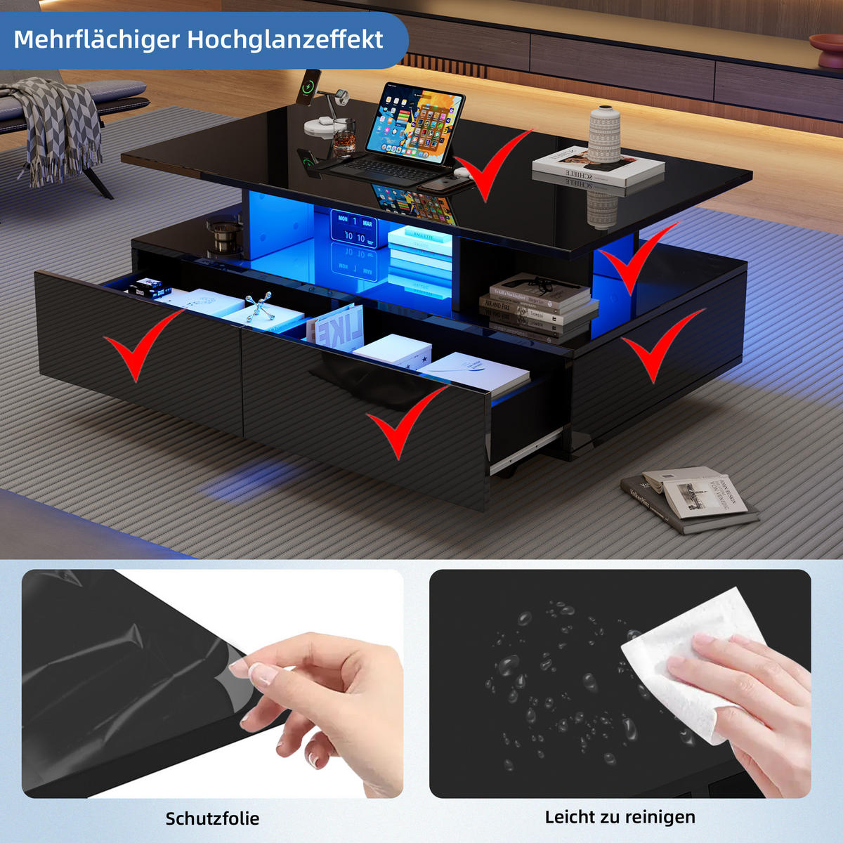 COUCHTISCH aus Spanplatte 90x55x41 cm in Schwarz mit LED-Beleuchtung - Schwarz, Holzwerkstoff (90/55/41cm) - Modfu