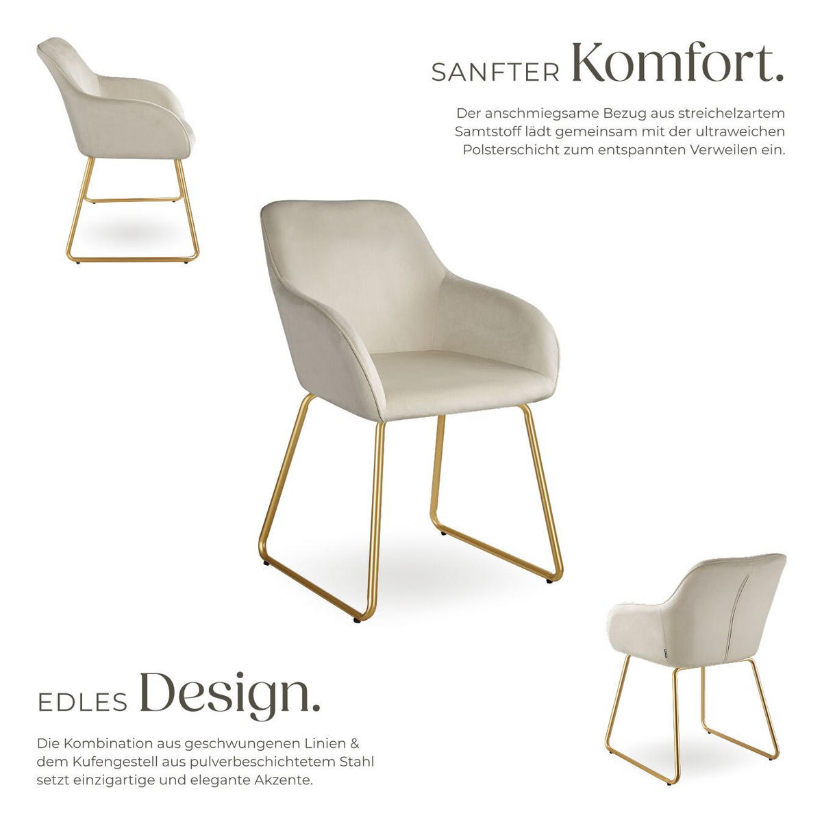 ESSZIMMERSTUHL Jeane,57 x 61 x 85,5 cm, Belastbarkeit 120 kg,Samtoptik creme/gold - Goldfarben/Samtahornfarben, Kunststoff (57/85.5/61cm) - tectake