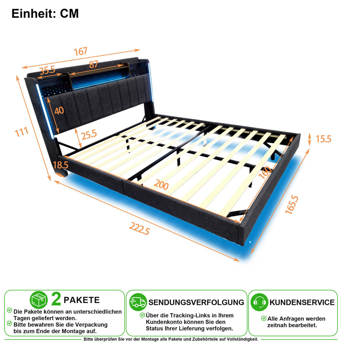 POLSTERBETT 160/200 cm in Grau Leinenstoff mit LED, USB und Stauraum - Grau, Holzwerkstoff/Textil (160/200cm) - CHICFURN