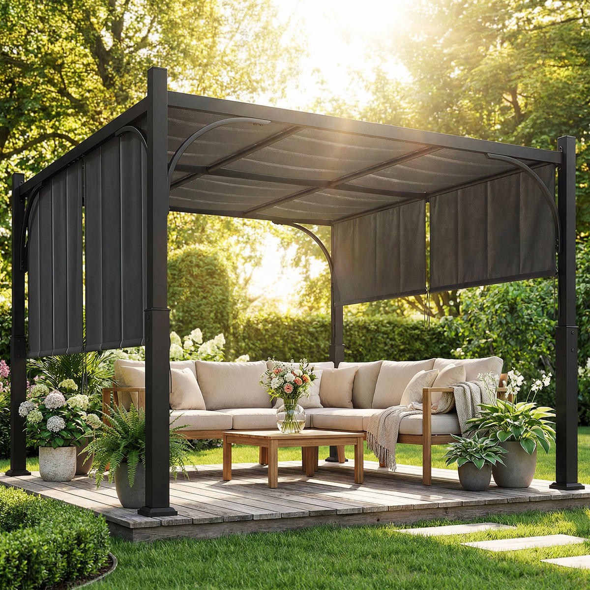 PERGOLA DE-12732 300/300 cm mit Schiebedach UV30+ Dunkelgrau - Dunkelgrau, Metall (300/228/300cm) - ComfortXL