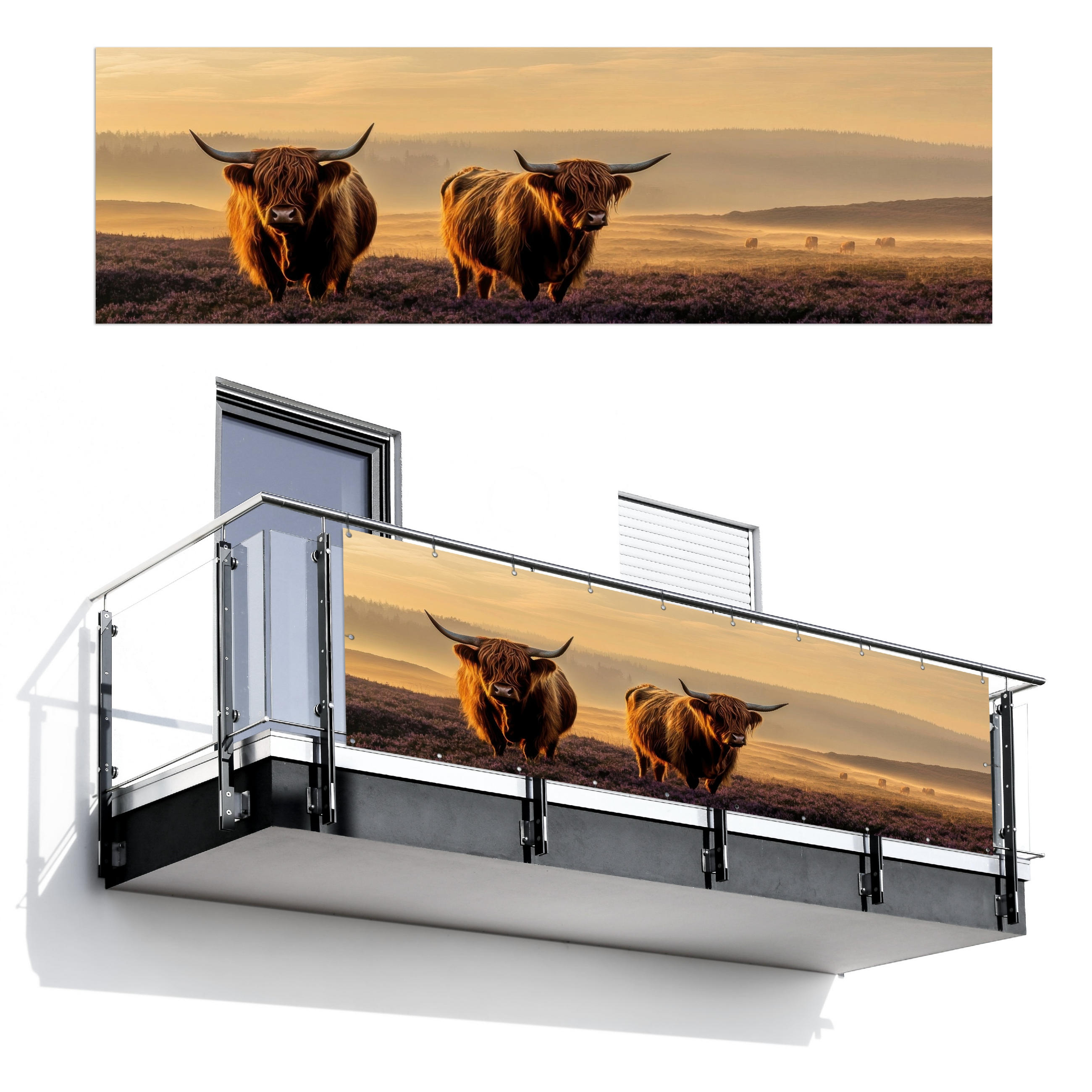 BALKON-SICHTSCHUTZ Schottische Hochlandbewohner - Heide - Landschaft - Tiere - Cognac, Kunststoff (300/90cm) - MuchoWow