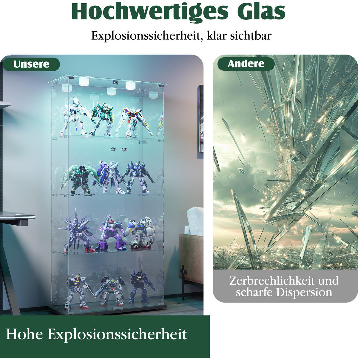 GLASVITRINE 163x78,5x35 cm 2 Türen LED Touch freistehend schwarz - Schwarz, Holz (78.5/163/35cm) - LEBENLANG