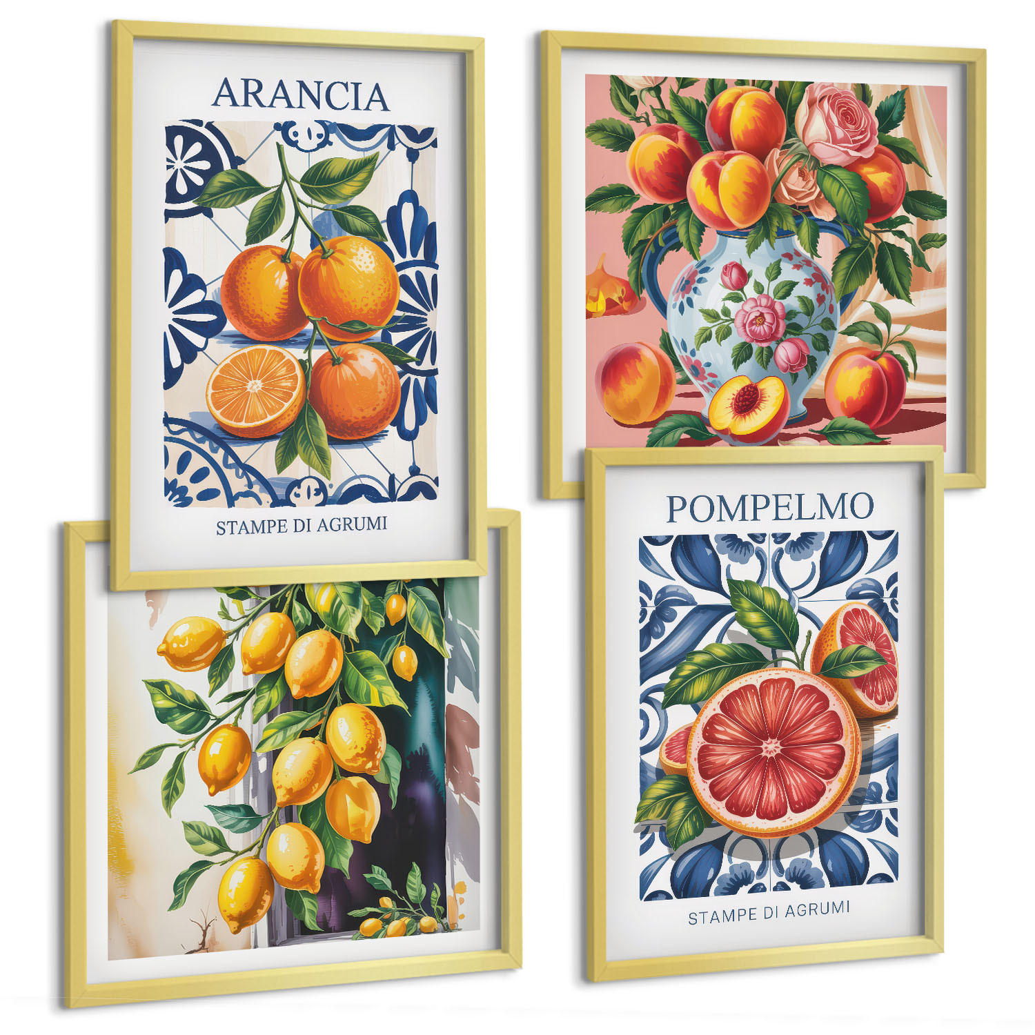 BILDER SET 4er Set - 50x50 cm & 40x60 cm Goldrahmen - Italienische Zitrus-Modeplakate - Goldfarben, Kunststoff (50/50cm) - TULUP