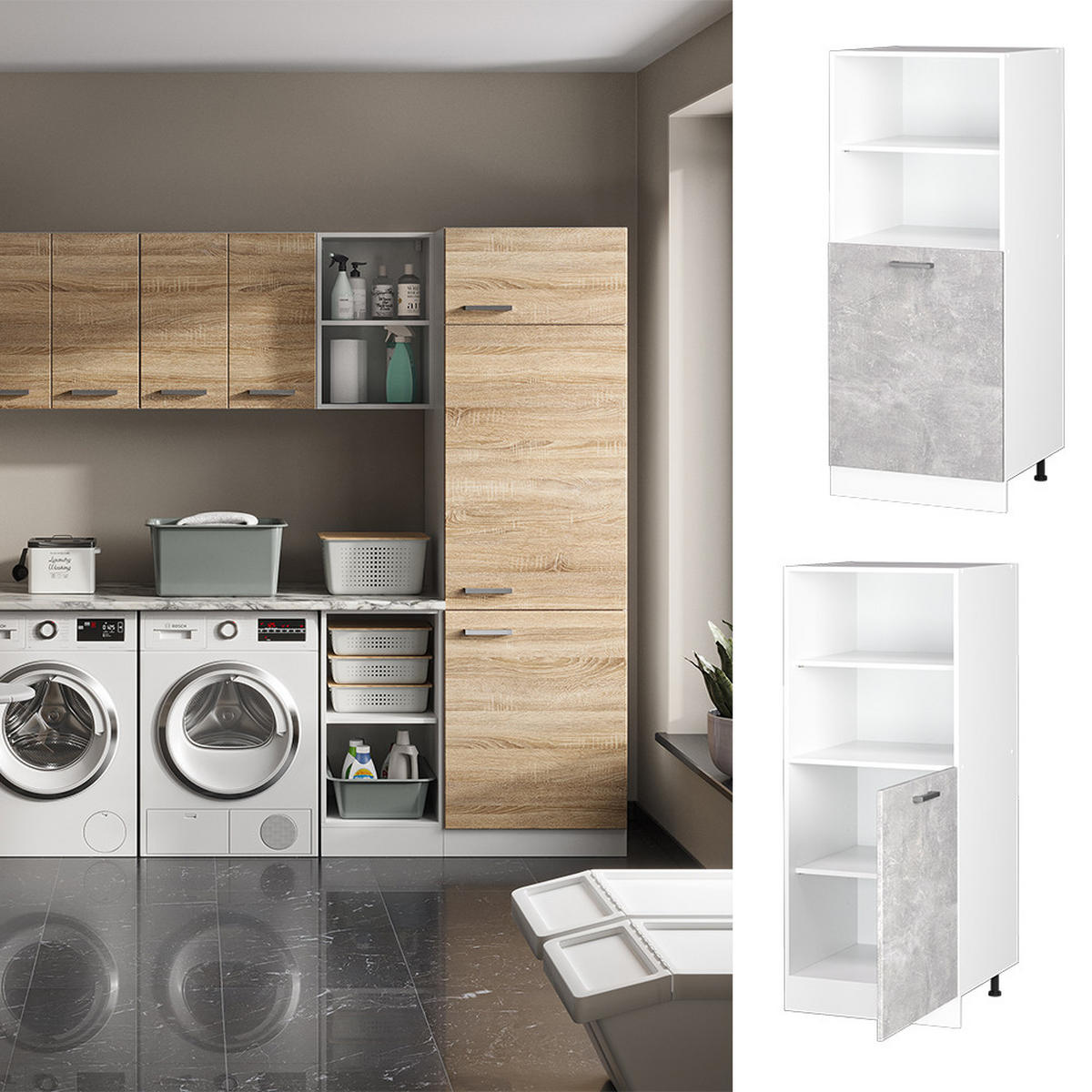 HOCHSCHRANK R-Line Beton 60 cm mit offenen Regalen, und Tür - Schieferfarben/Weiß, Holzwerkstoff (60/143/57.2cm) - Vicco