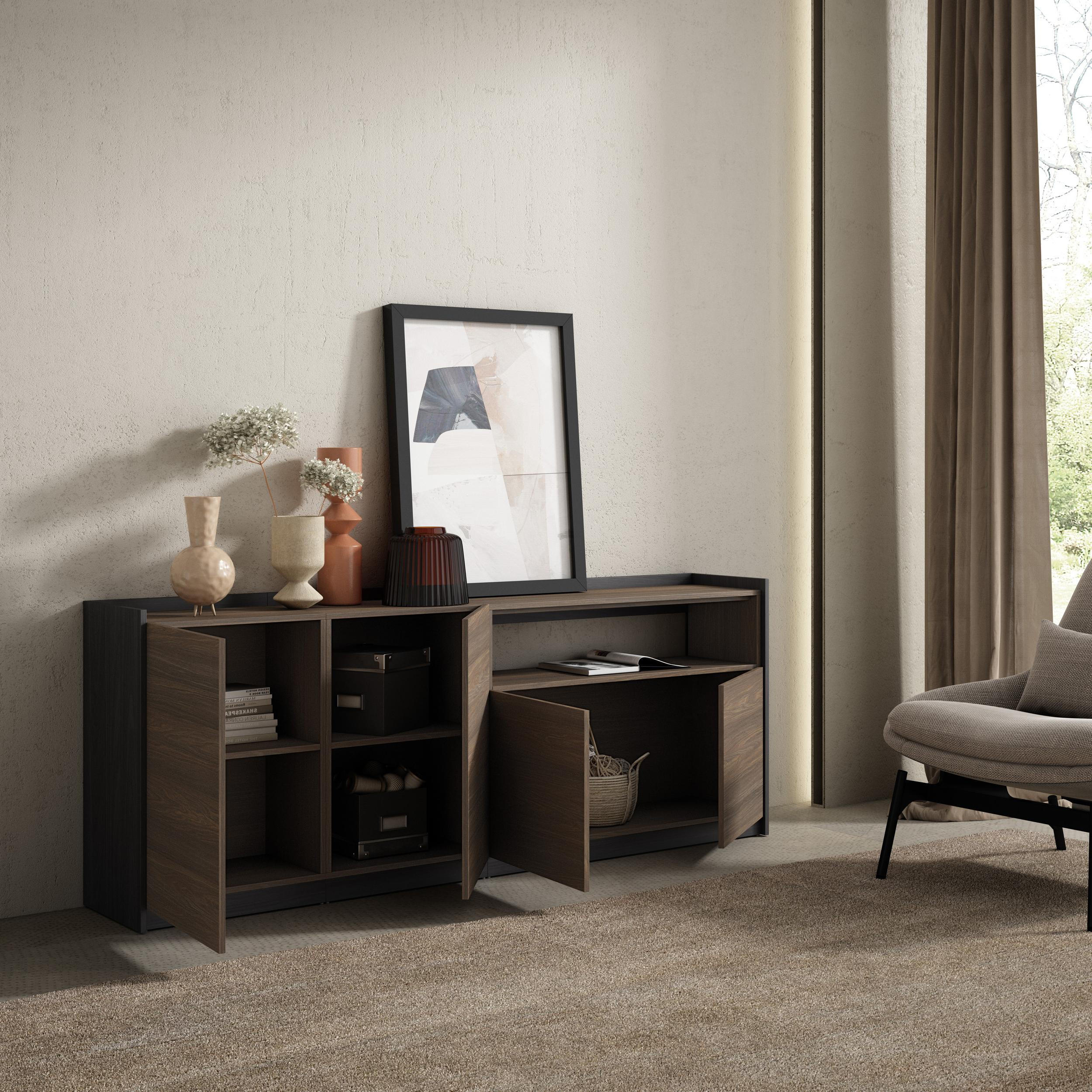 SIDEBOARD, Highboard, Dunkler Eiche und Schwarz, 207/37/80cm - Dunkelbraun, Holzwerkstoff (207/80/37cm) - Skraut Home