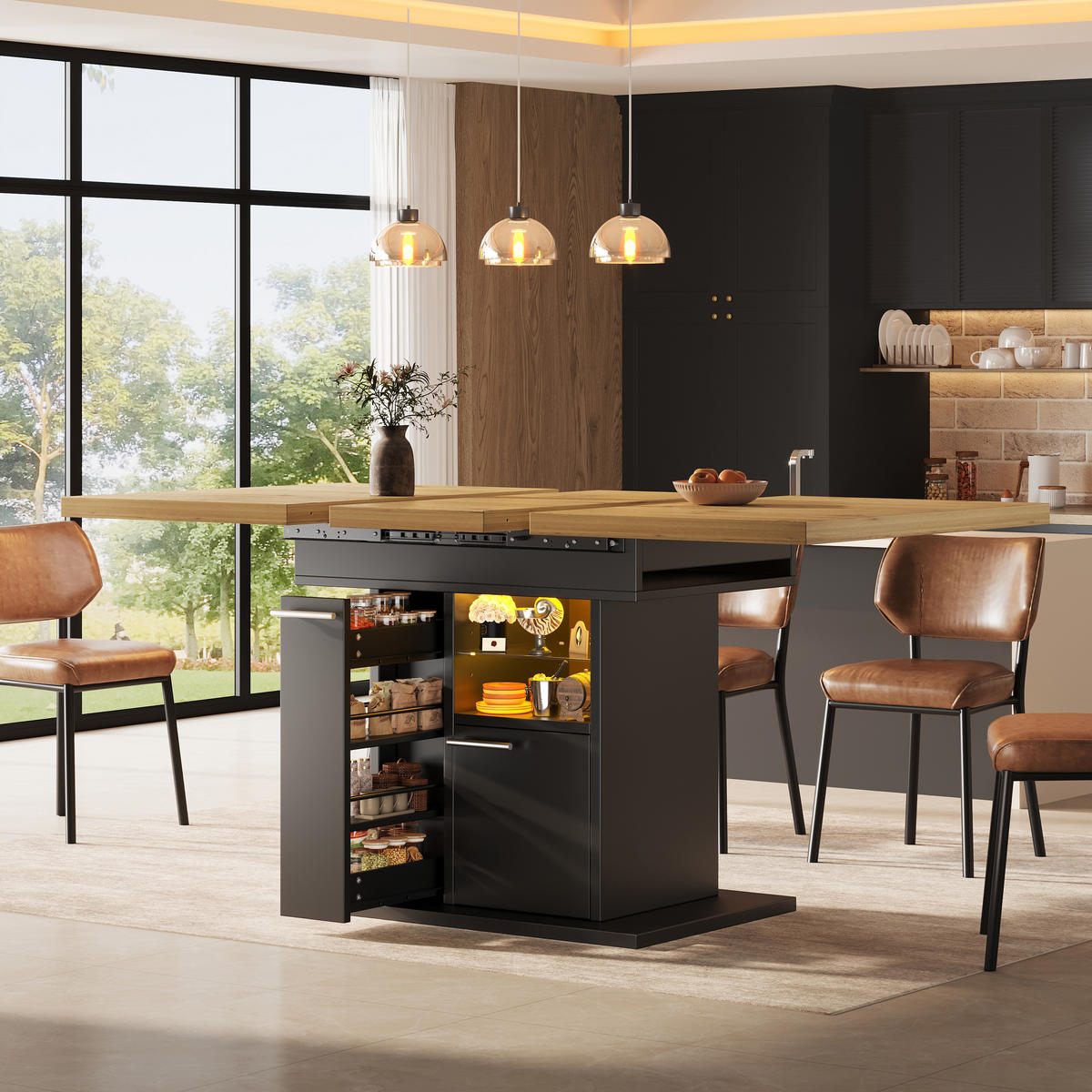 ESSTISCH Ausziehbar Stauraum LED Glasablagen Modern 4 6 Personen - Schwarz, Holzwerkstoff (80/140/77.2cm) - FLIEKS