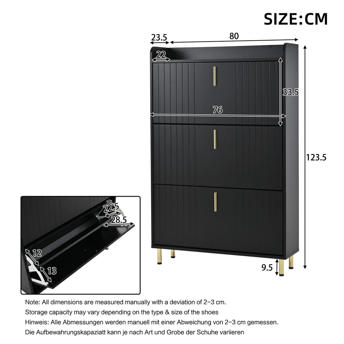 SCHUHSCHRANK aus MDF 160x23x123,5cm in Schwarz mit Metallsockel - Schwarz, Holzwerkstoff (160/123.5/23.5cm) - Modfu