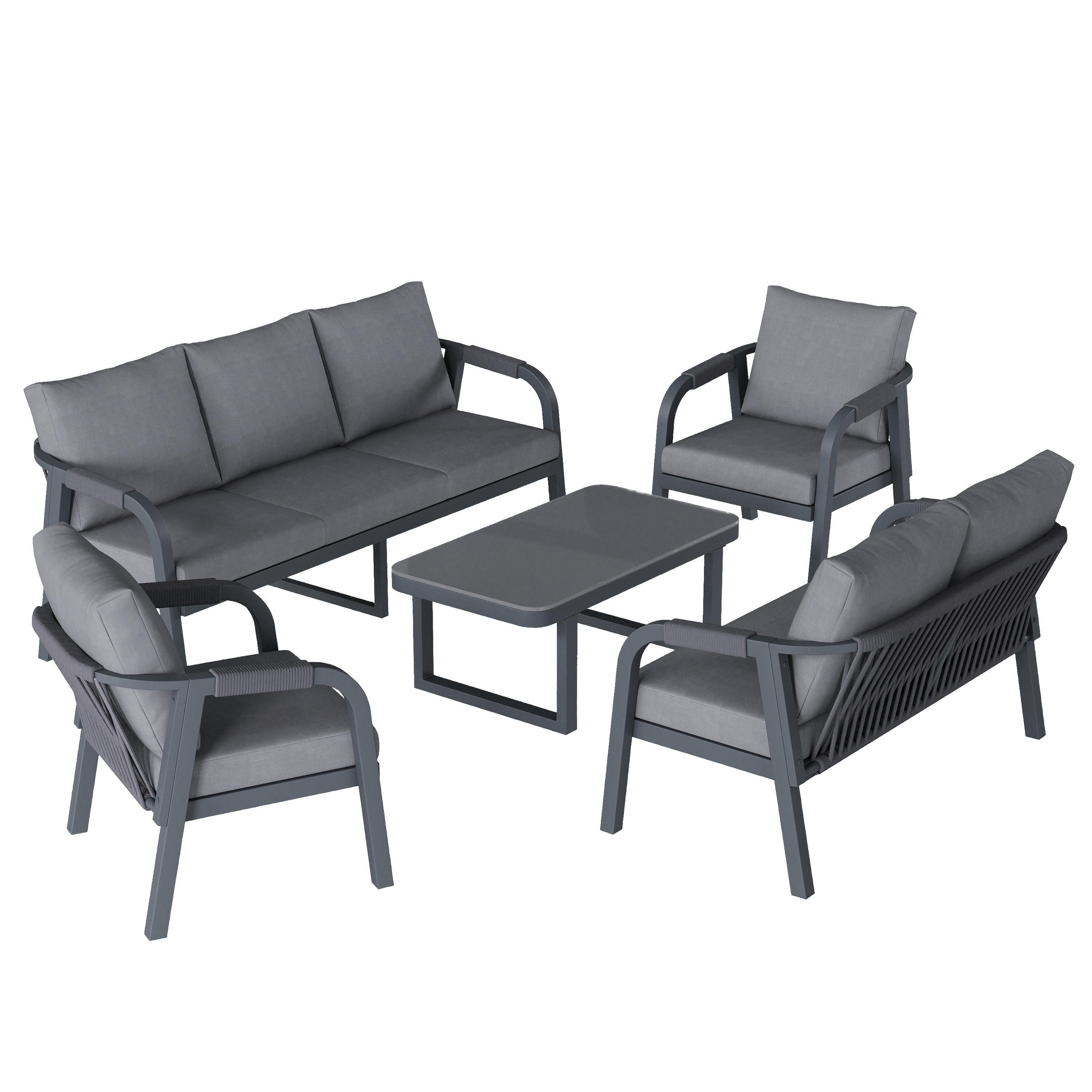 GARTENLOUNGE-SET für 7 Personen Gartenmöbel-Set mit 3/2 Sitzer Sofa, 2 Sessel&1 Tische - Grau, Textil/Metall - STILVORA