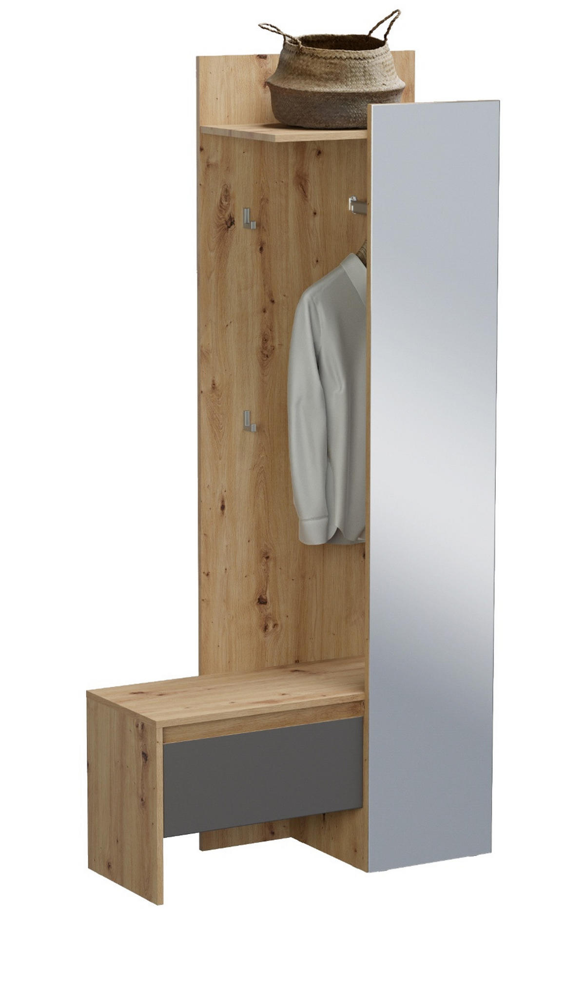 KOMPAKTGARDEROBE grau, Eiche 90 x 189 cm, Garderobe mit Spiegel - Eichefarben/Grau, Holzwerkstoff (90/189/39cm) - Inn.Furn