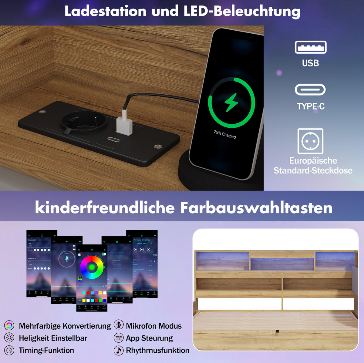 KINDERBETT 90/200 cm aus MDF und PU mit LED-Beleuchtung und USB-Ladestation Naturfarben - Naturfarben, Holzwerkstoff (90/200cm) - Modenvie