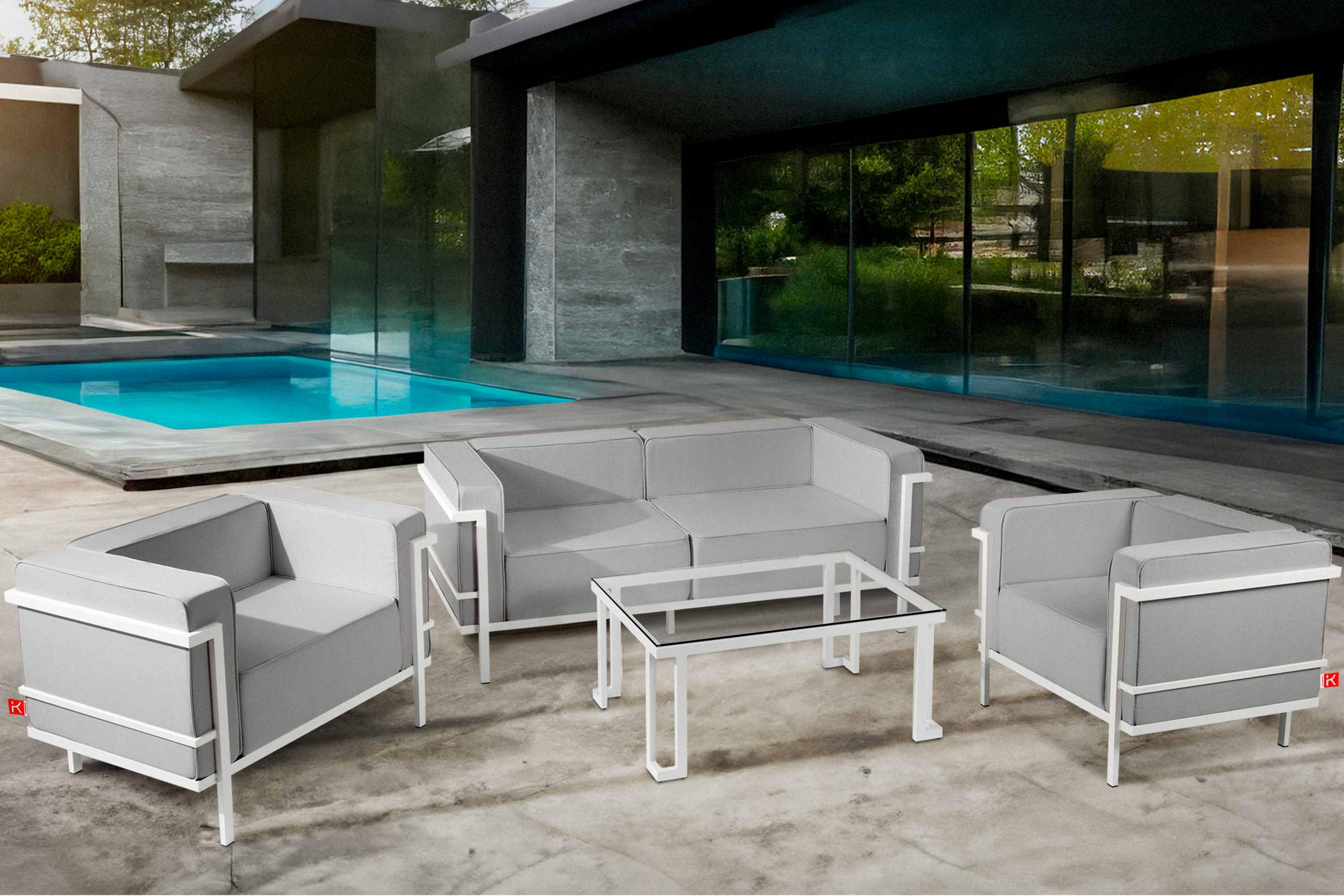 GARTENLOUNGE-SET TRIGLO 4-tlg., 1x Tisch, 2x Sessel, 1x Sofa 2-Sitzer, Modern, Weiß/Hellgrau - Hellgrau/Weiß, Textil/Metall - KONSIMO®