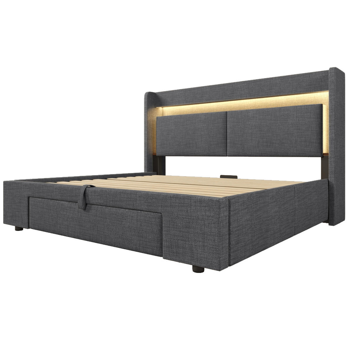 POLSTERBETT mit Stauraum, LED und USB 140x200 cm Leinen Grau - Grau, Metall (140/200cm) - Meubliv