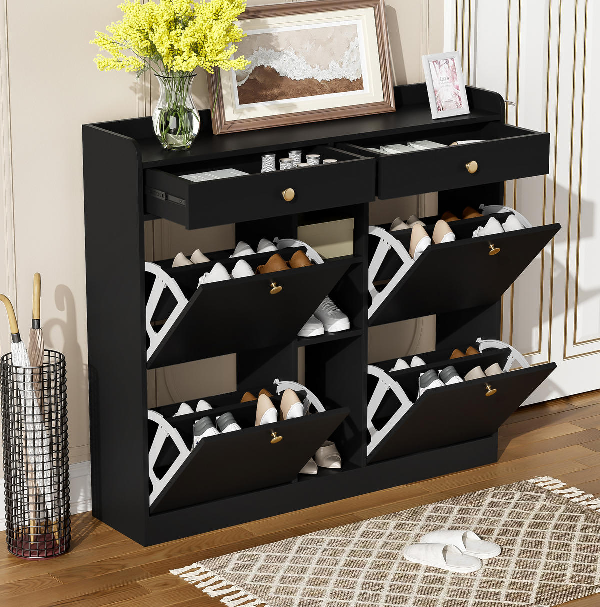 SCHUHSCHRANK mit 4 Klappen 110 x 26 x 100 cm Schwarz mit Schubladen - Schwarz, Holz (26/100/110cm) - Beauniv