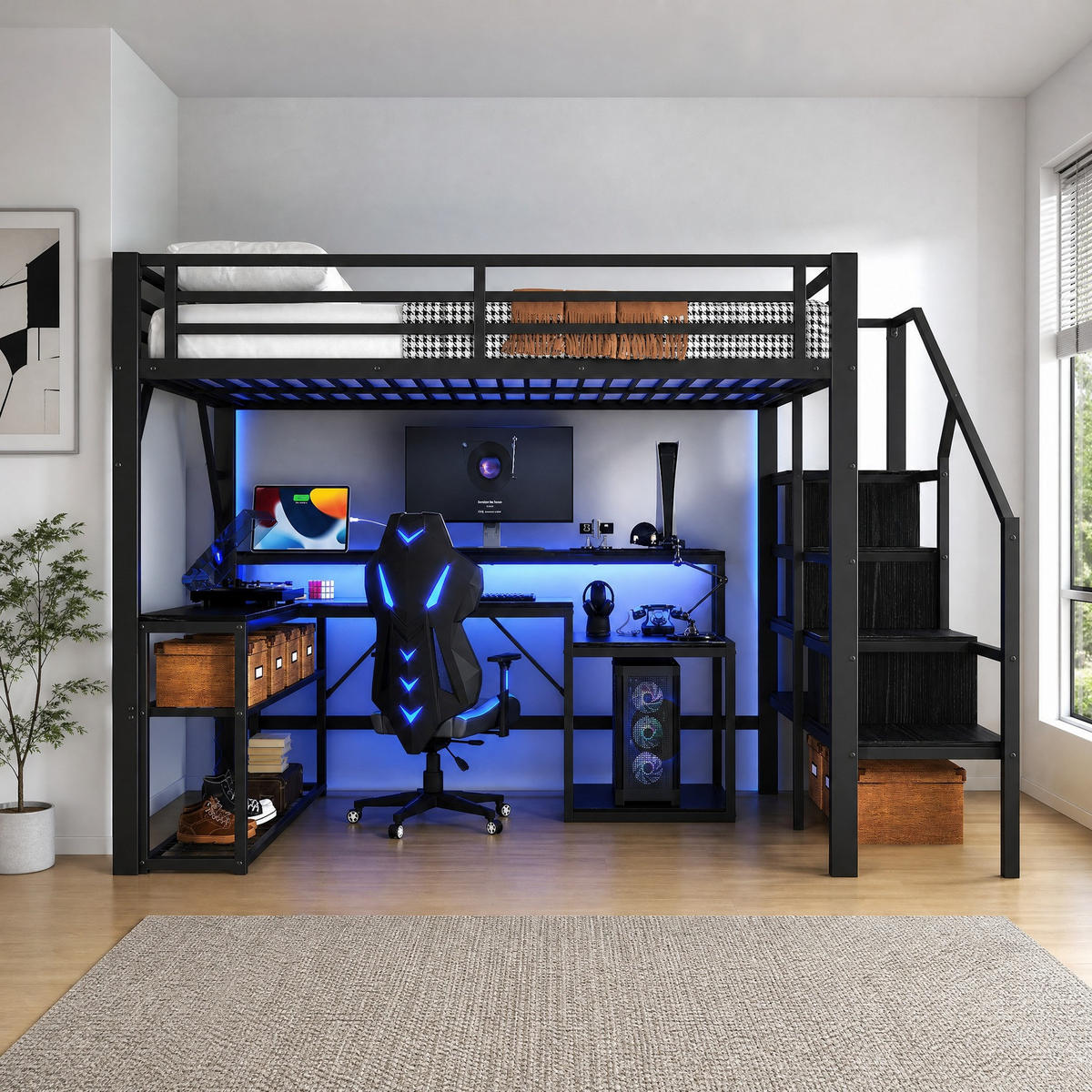 HOCHBETT 140/200 mit LED, USB, Schreibtisch und Stauraumtreppe in Schwarz - Schwarz, Holzwerkstoff/Metall (140/200cm) - EVRYAE