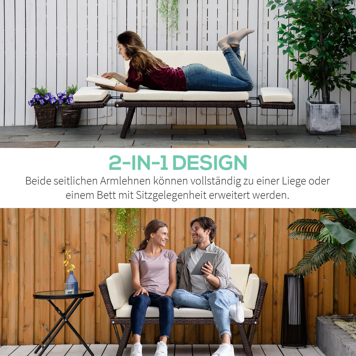 Polyrattan Gartensofa, Stahl, Braun - Braun, Metall (63/67/129cm) - Outsunny