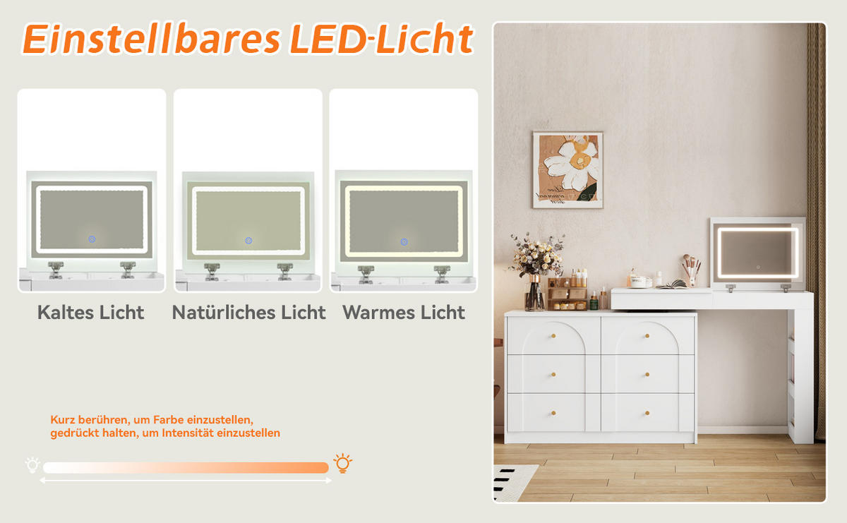 SCHMINKTISCH 2-in-1 Schreibtisch (drehbar) in Weiß mit LED-Spiegel & 7 Schubladen - Weiß, Holzwerkstoff (105/80/40cm) - Urban Meuble