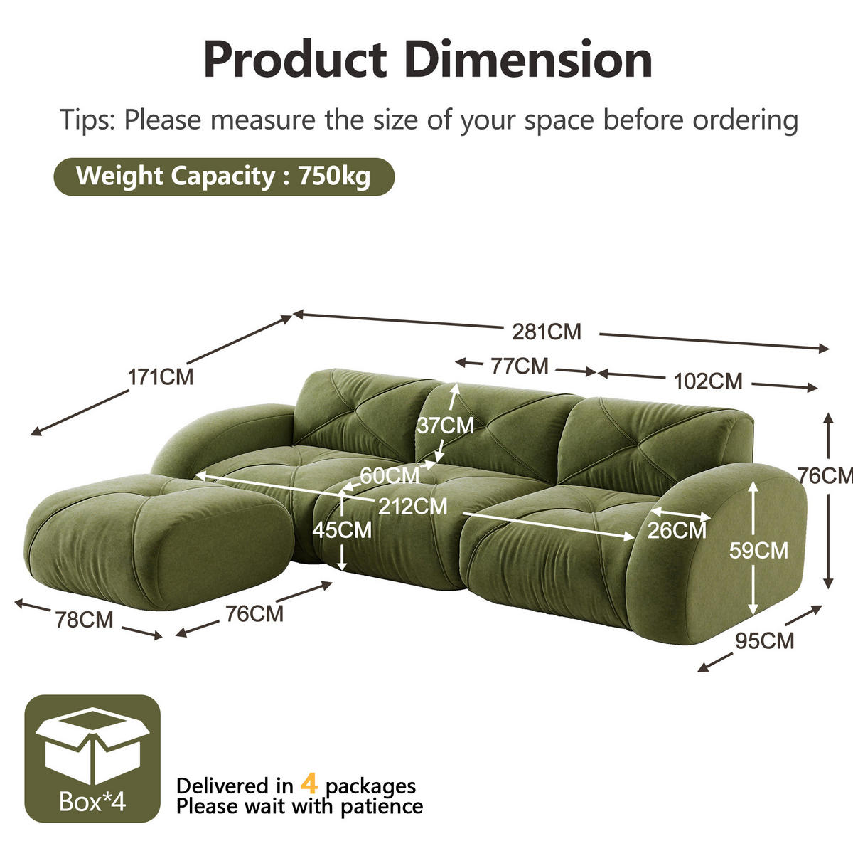 3-STIZER Sofa mit Hocker, flexibles Lounge-Design und 32D-Schaumstoff, Grün - Grün, Textil (281/76/171cm) - Redom