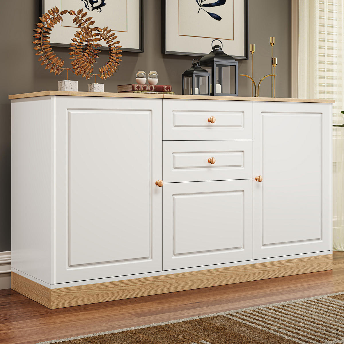 SIDEBOARD 3 Türen 2 Schubladen Wohn Esszimmer Multifunktional - Weiß, Holzwerkstoff (39/76/135.5cm) - FLIEKS