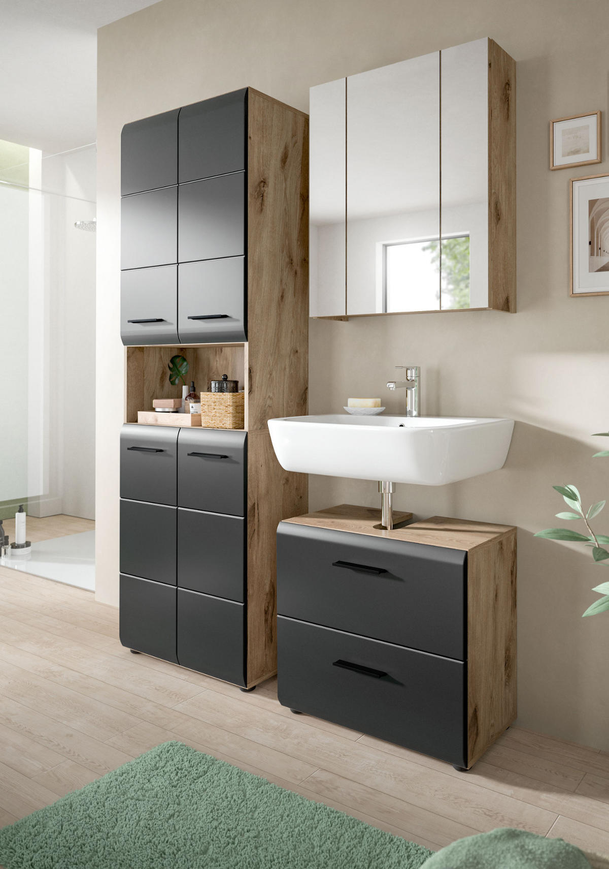 BADMÖBEL-SET 2-teilig schwarz matt und Eiche, Badezimmer mit Spiegelschrank, Vollauszug, Breite 60 cm - Eichefarben/Schwarz, Glas/Holzwerkstoff (60/185/30cm) - Inn.Furn