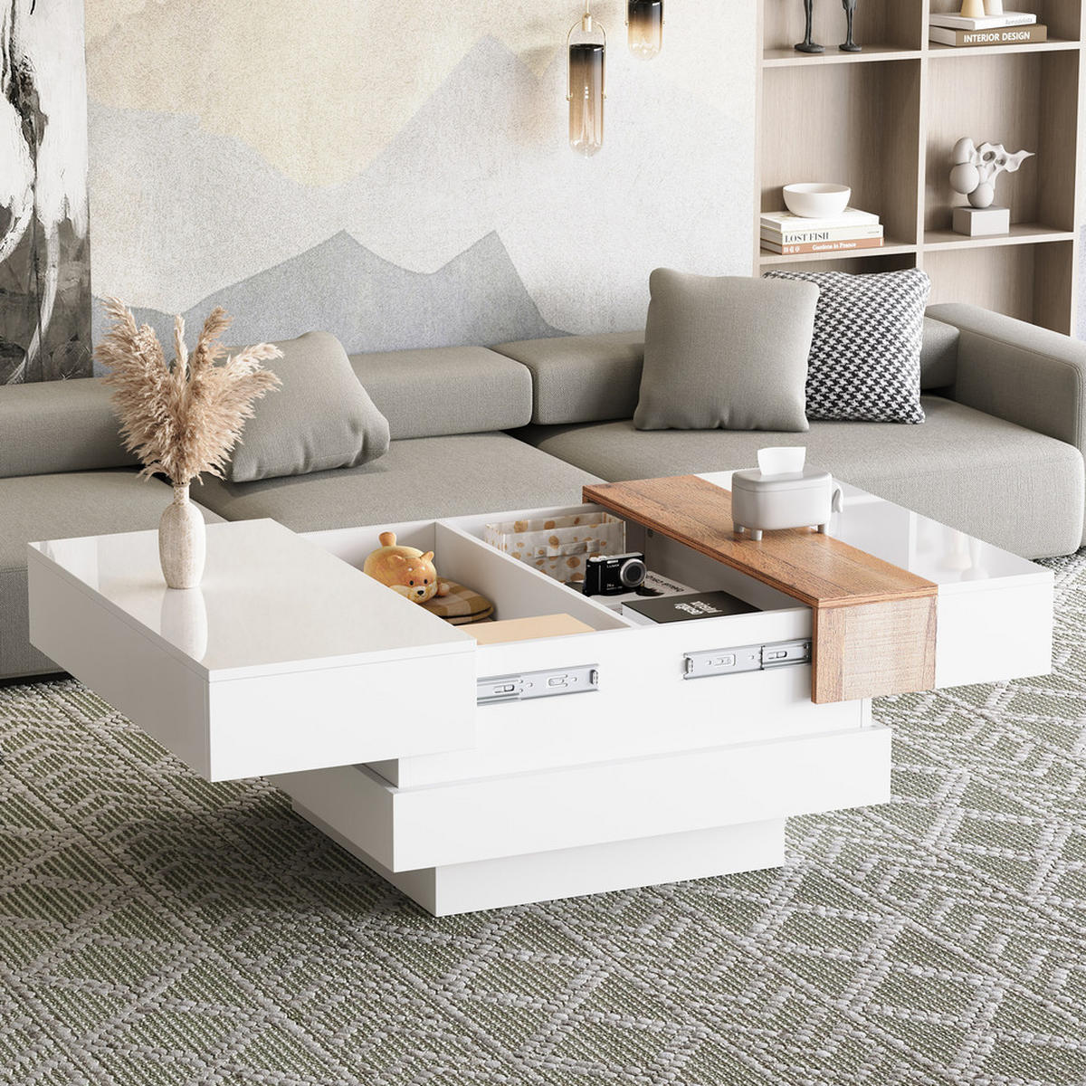 COUCHTISCH 70x70cm Weiß Hochglanz Ausziehbar Quadratisch Stauraum Trennwand - Weiß, Holz (83.82/80.01/15.24cm) - FLIEKS