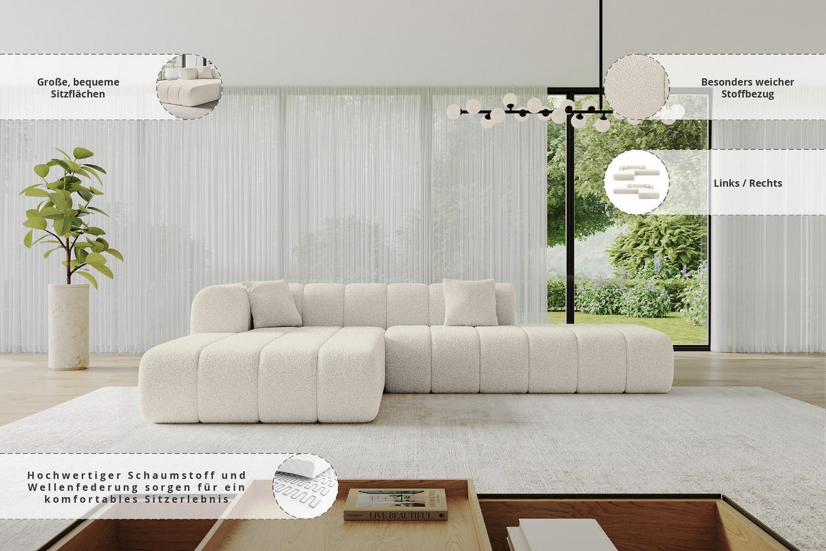 ECKSOFA Ottomane Links BILA-L 289x176x71 Beige Bouclé - Sandfarben/Beige, Holzwerkstoff/Kunststoff (176/289cm) - ALTDECOR
