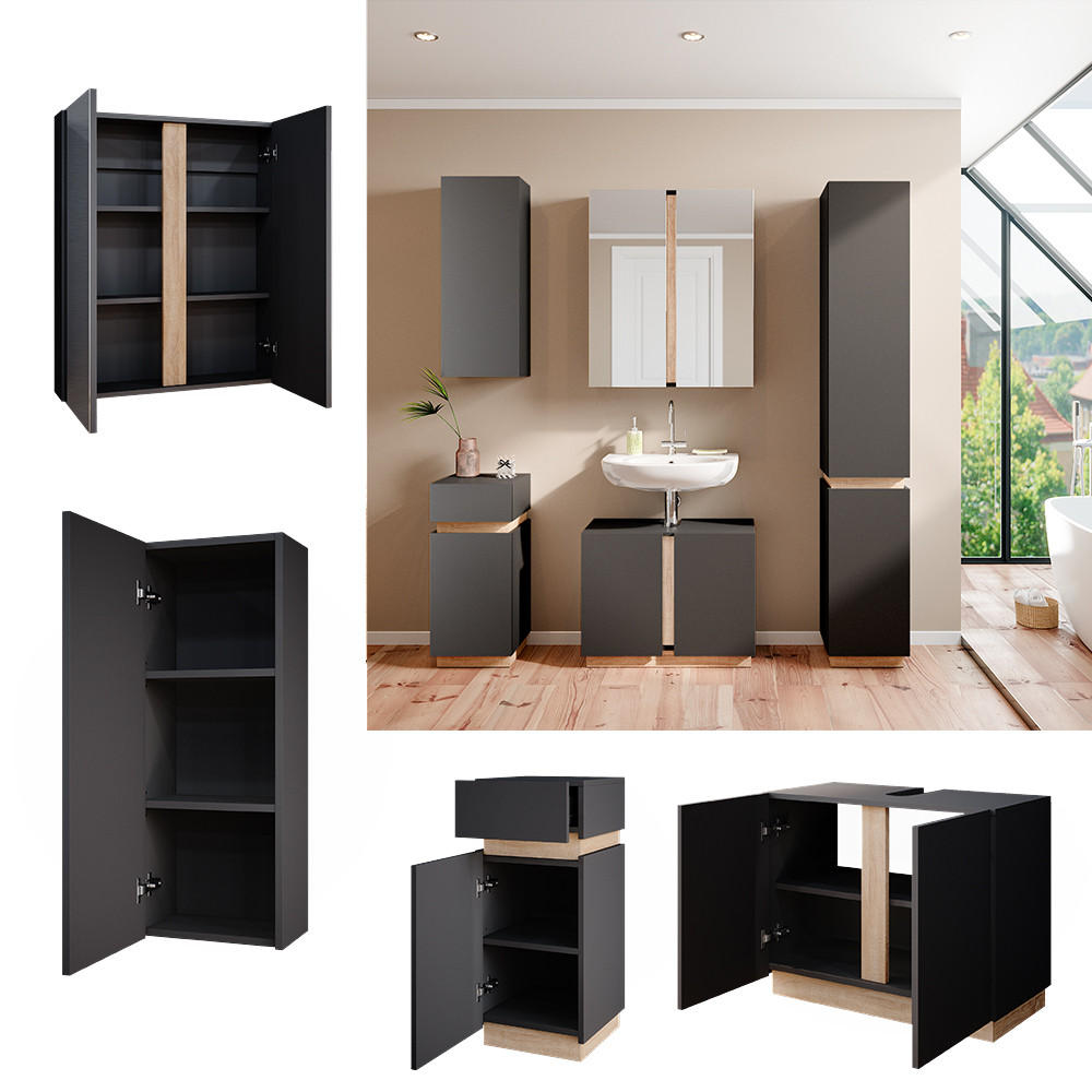 BADMÖBEL-SET Gloria Anthrazit 4 Teile - Anthrazit/Sonoma Eiche, Holzwerkstoff (70/55/34cm) - Vicco