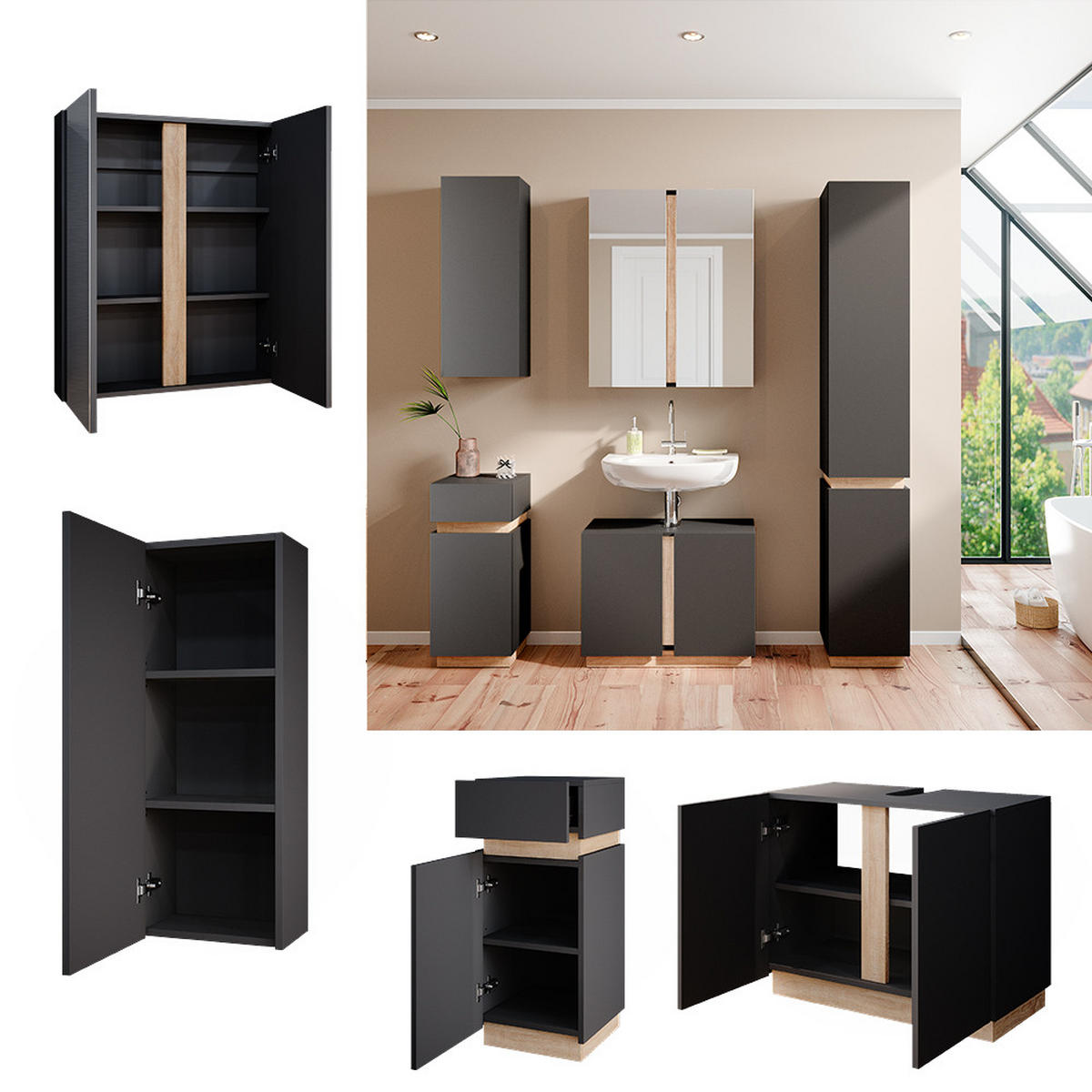 BADMÖBEL-SET Gloria Anthrazit 4 Teile - Anthrazit/Sonoma Eiche, Holzwerkstoff (70/55/34cm) - Vicco
