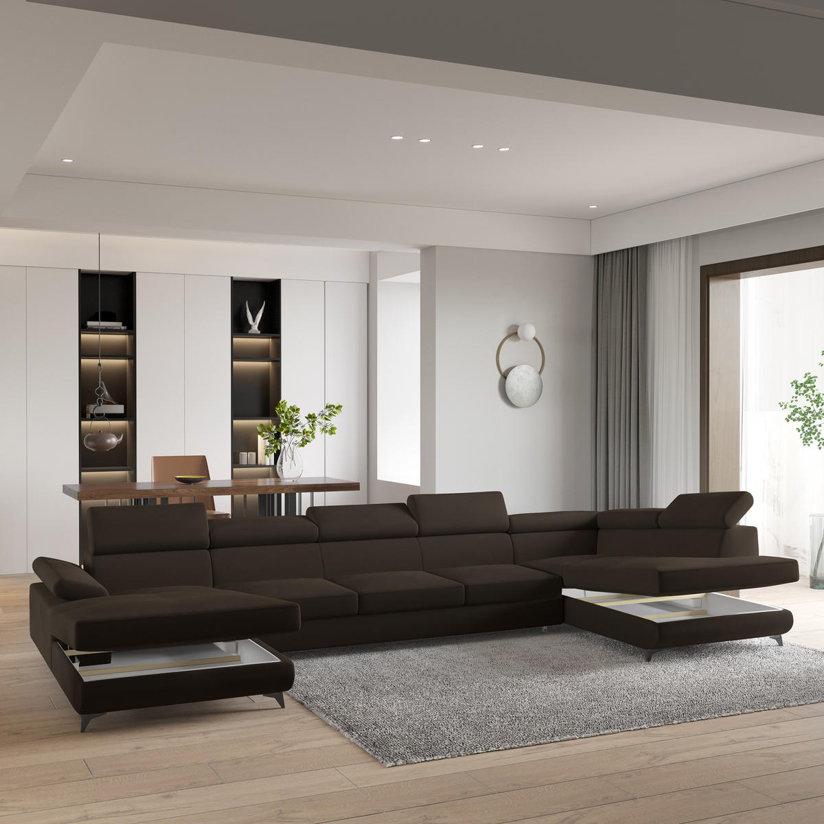 WOHNLANDSCHAFT MONTIVA Braun Velours-Stoff mit Schlaffunktion - Braun, Holz (410/89/190cm) - MASSENO