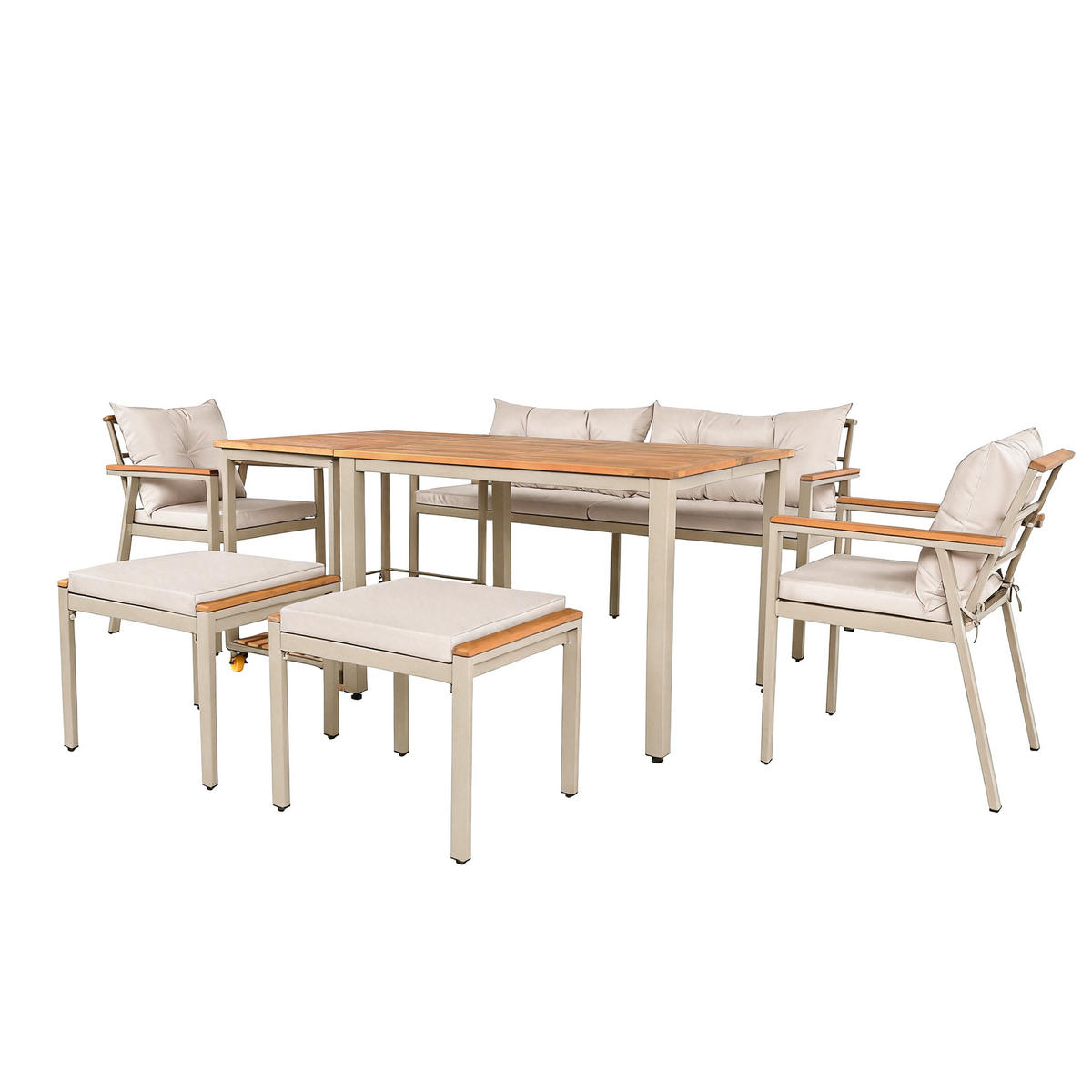 GARTEN-ESSGRUPPE 171/35/81 cm eige/Natur aus Akazienholz mit Servierwagen für 6-7 Personen - Beige, Metall - OKWISH