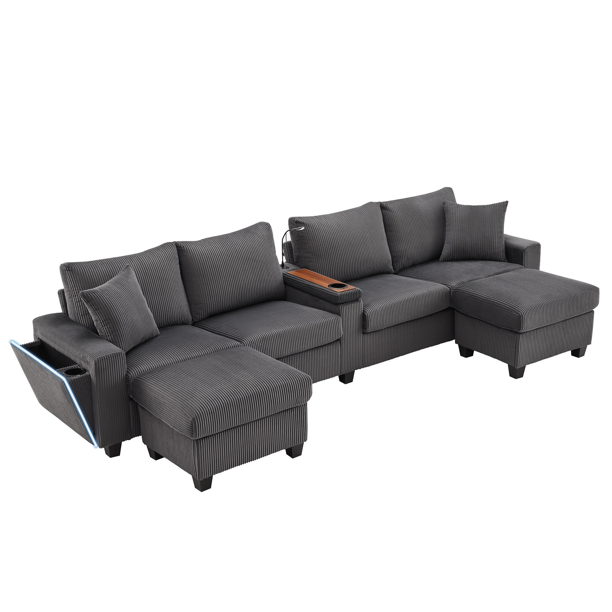 SOFA, U-Form, 2 Hocker, LED-Beleuchtung, Grau, 334x128.5x81cm - Grau, Textil (128.5/81/334cm) - FLIEKS