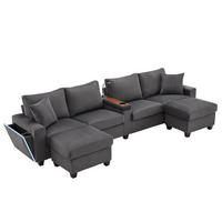 SOFA, U-Form, 2 Hocker, LED-Beleuchtung, Grau, 334x128.5x81cm - Grau, Textil (128.5/81/334cm) - FLIEKS