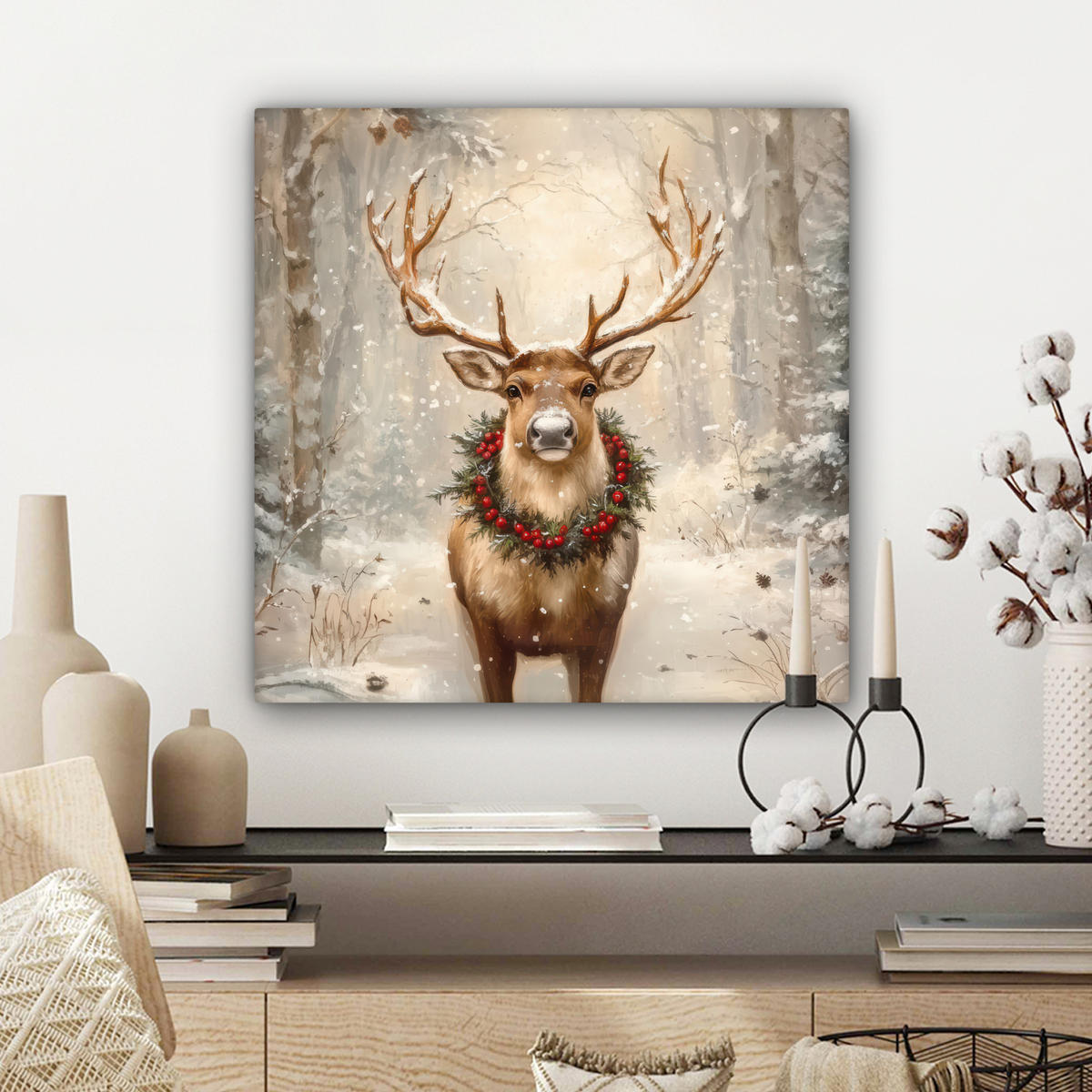 LEINWANDBILD Weihnachten - Rentier - Winter - Kranz Wandbild Wohnzimmer 50x50 cm - Braun, Textil (50/50cm) - MuchoWow
