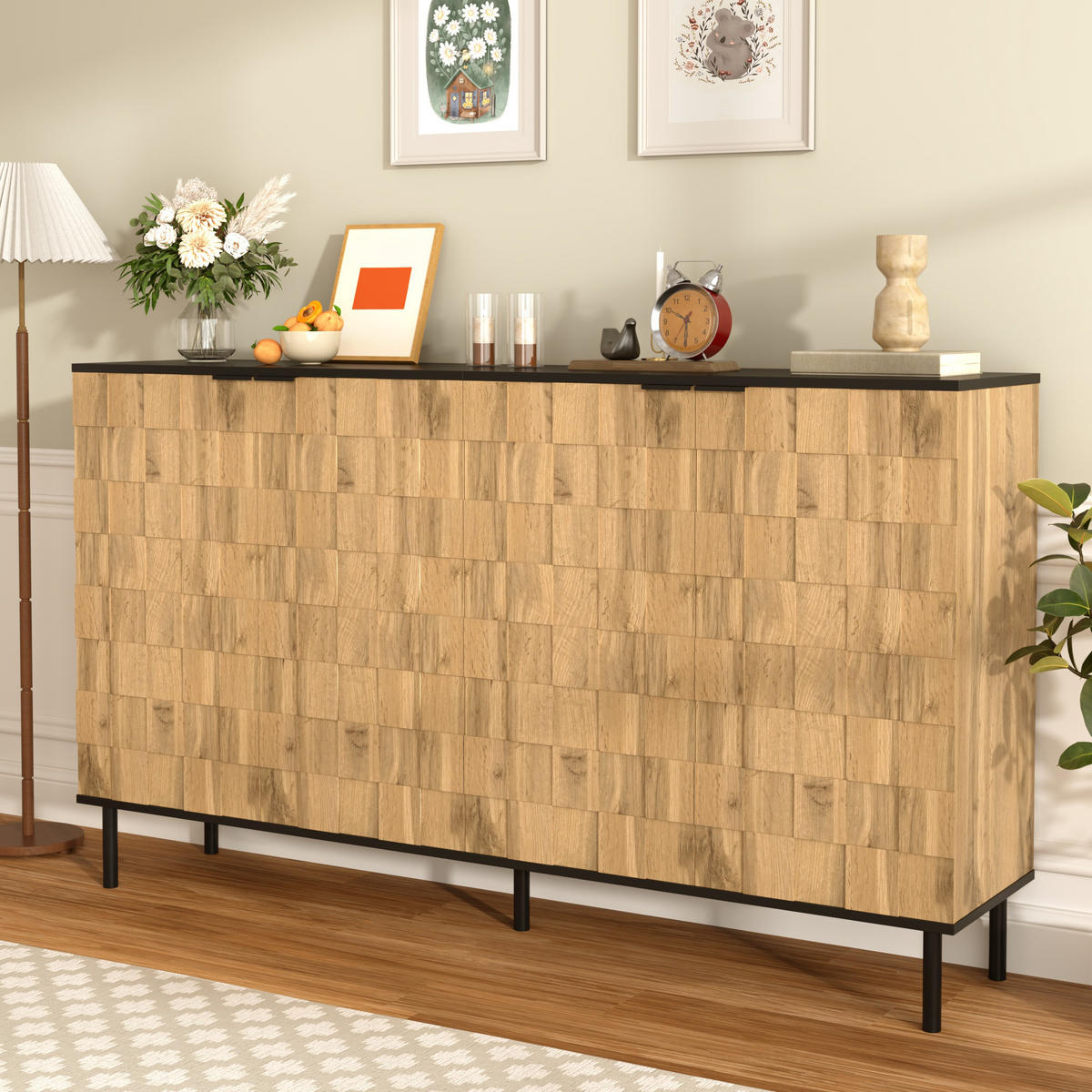 SIDEBOARD Mosaik 2 Türen Holzoptik Metallfüße modern - Naturfarben, Holzwerkstoff (35/80.5/160cm) - FLIEKS