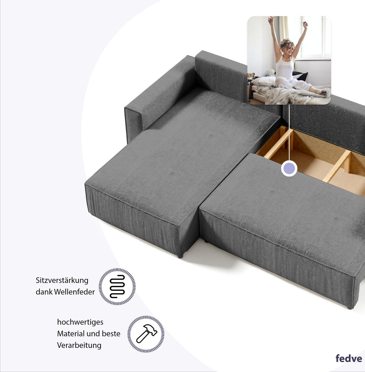 ECKSOFA Couch Sofagarnitur Sekwana L-form Spiel - Grau, Naturmaterialien (294/185cm) - Fedve