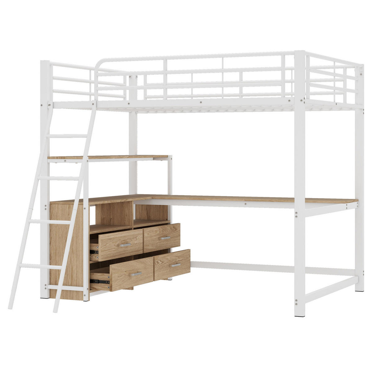 HOCHBETT 140/200 cm, Weiß mit L-förmigem Schreibtisch und 4 Schubladen - Weiß, Metall (140/200cm) - MIVRAY