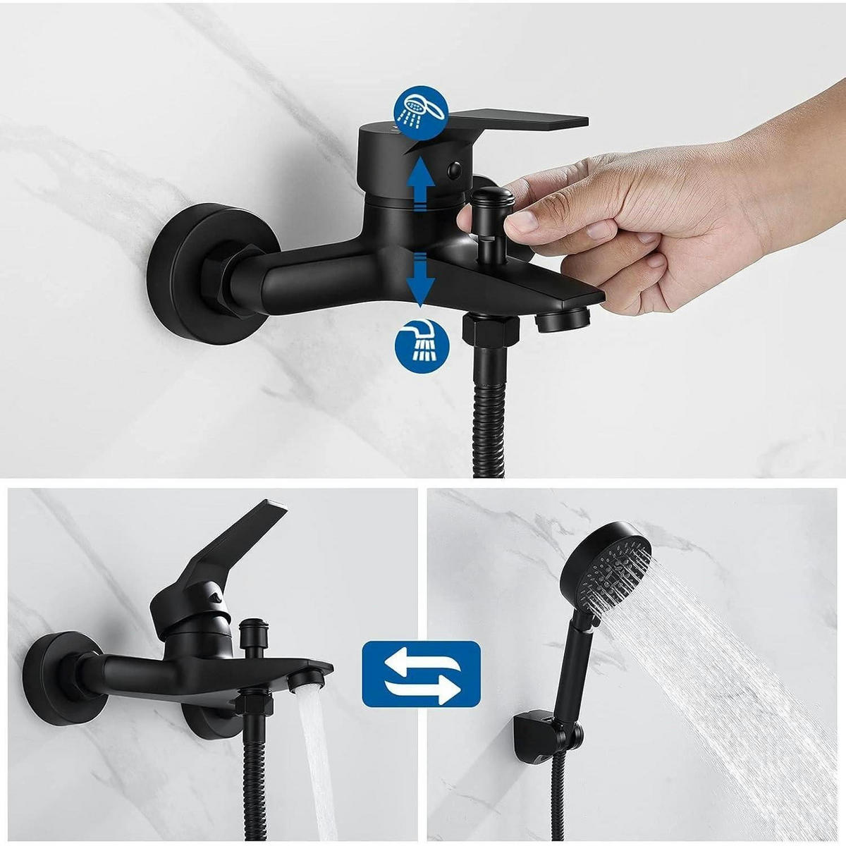DUSCH- und Badewannenarmatur Schwarz 2 Funktionen Wassersparend 5 Duschmodi - Schwarz, Metall (19.5/12.6/21.6cm)
