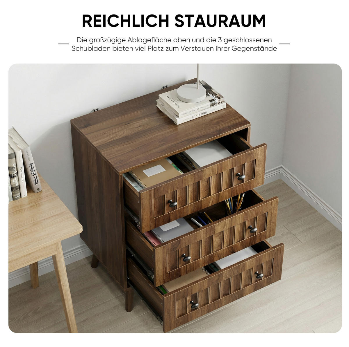 KOMMODE 60/40/79 cm in Walnuss mit 3 Schubladen und Rillenfronten - Walnussfarben, Holzwerkstoff (60/78/40cm) - Flora Grace