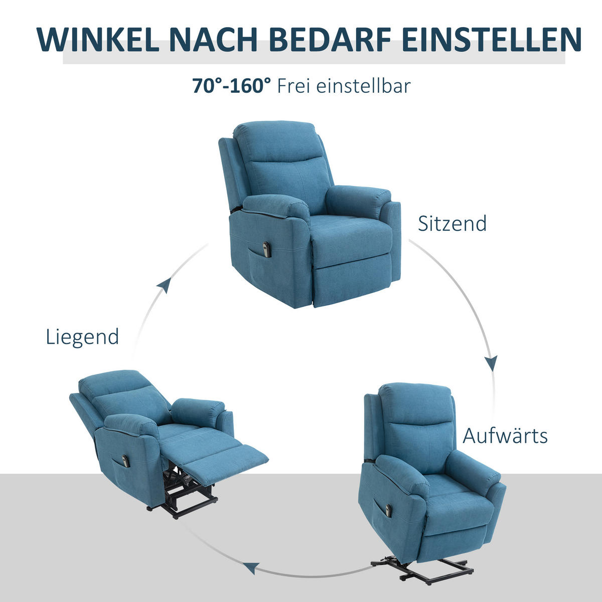 FERNSEHSESSEL mit Aufstehhilfe, Blau - Blau/Schwarz, Textil/Metall (89/102/83cm) - HOMCOM