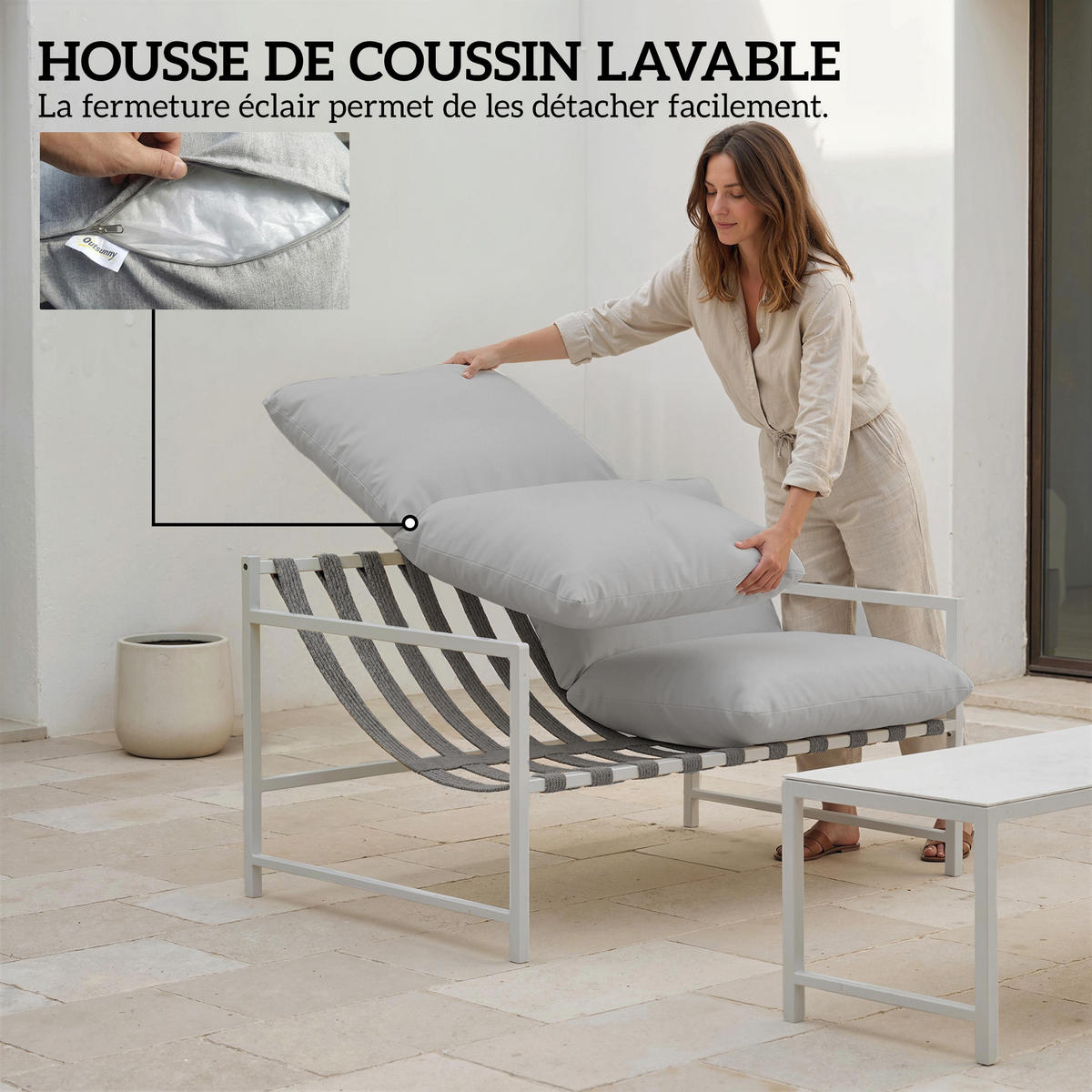 GARTENLOUNGE DE-13531 2-teilig, mit Tisch & 20 cm Kissen Hellgrau - Hellgrau, Metall - ComfortXL