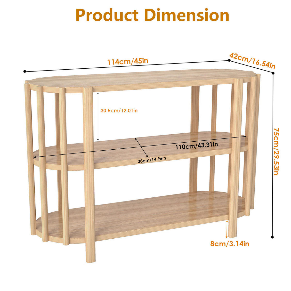 OVALER Couchtisch mit 3 Ablagen – Wohnzimmertisch in Holzoptik, MDF, 114 × 38 × 75 cm, Natur - Naturfarben, Holzwerkstoff (114/38/75cm) - Ej. Life