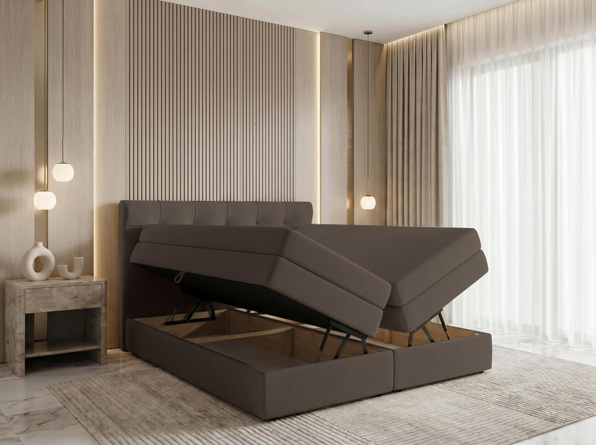 BOXSPRINGBETT FINIKE 160x200 cm mit Bettkasten und 2 Matratzen - Braun + TOPPER - Beige/Schwarz, Holz/Holzwerkstoff (160/200cm) - AX Living